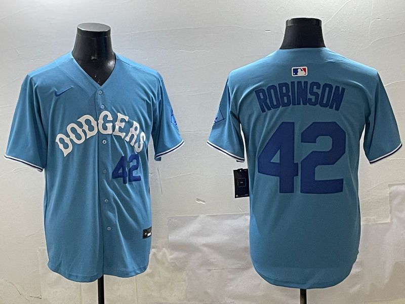 Men Los Angeles Dodgers #42 Robinson Light Blue Joint Name 2025 Nike MLB Jersey style 11